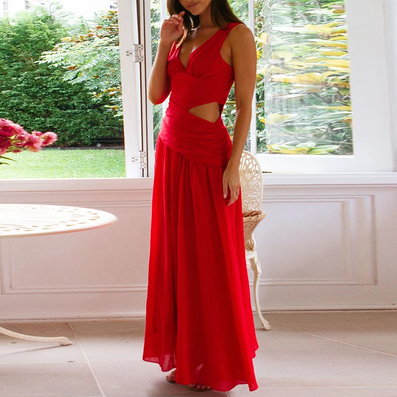 New Summer Casual Sleeveless Pleated Long Dress Fashion Lady V-neck Robe Dress Simple Solid Color Hollow Backless Women\'s Dress
