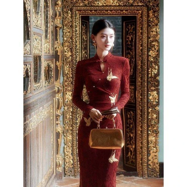 Women's Red Modern Chinese Style Modified Cheongsam Early Autumn  Long Sleeve Jacquard Knit Waist-cinching Versatile Dress