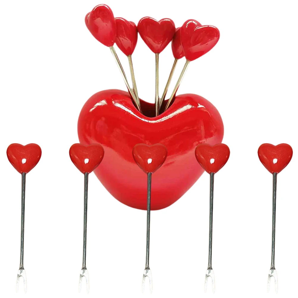 

1 set Heart Shaped Fruit Forks Stainless Steel Resin H Cake Mini Forks for Appetizers Kitchen Tool Gift Set