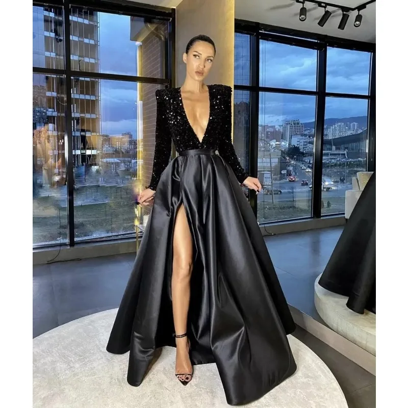 2024 Spring Summer New Women\'s Sexy One-Shoulder Long Sleeve Sequin V-neck Swing Sequined Split Dress Evening Dress