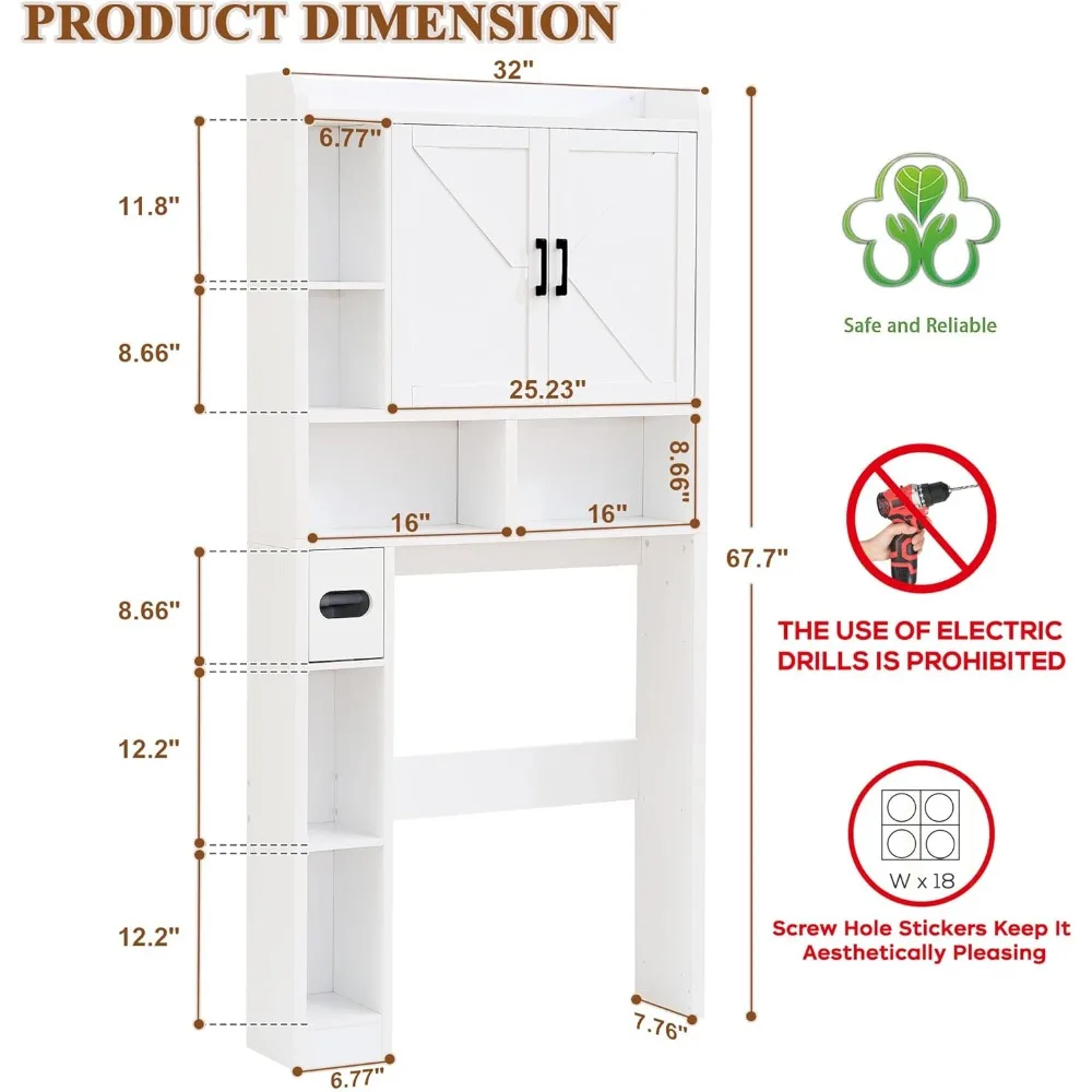 Farmhouse Style 32-Inch Wide Over Toilet Storage Cabinet with Barn Doors and Toilet Paper Holder