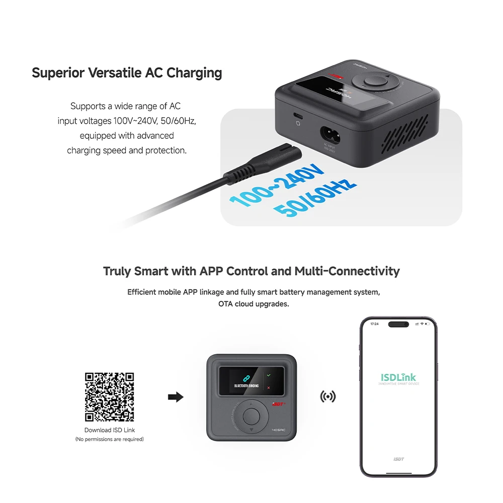 ISDT 405AC 60W Caricatore Intelligente GaN Caricabatteria AC 100~240V lPS Schermo APP di Controllo Per LiFe LiHv LiPo 1~4SPb 1~7S NiMH/Cd 1~12S