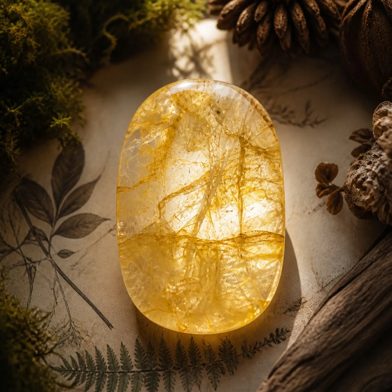 1pc Natural Yellow Rutilated Quartz Palm Stone, Polished Crystal, Golden Inclusions, Collectible Home Decor Gift