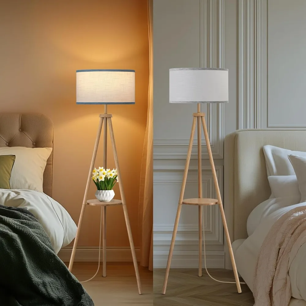 مصباح أرضي مع 3 أوضاع إضاءة قابلة للتعديل - مصباح أرضي ثلاثي القوائم خشبي، مصباح LED حديث مع سطوع خافت، مثالي