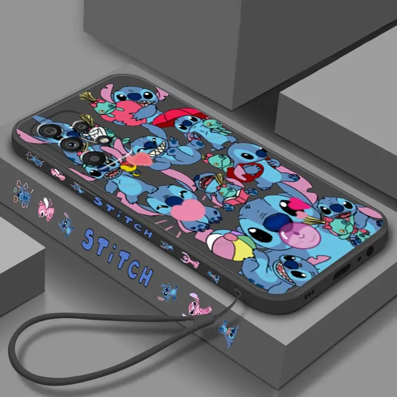 

Stitch Cartoon Cute For Samsung A71 A72 A73 A51 A52 A53 A54 A55 A21s A35 A34 A32 A03 5G Liquid Left Rope Phone Case
