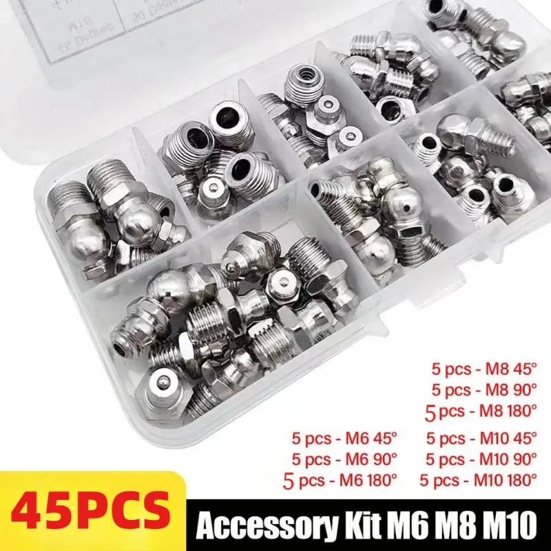 45PCS F0006 Stainless Steel Grease Nipple SS201 SS304 Metric External Thread Straight Elbow Type Grease Nipple for Grease Gun