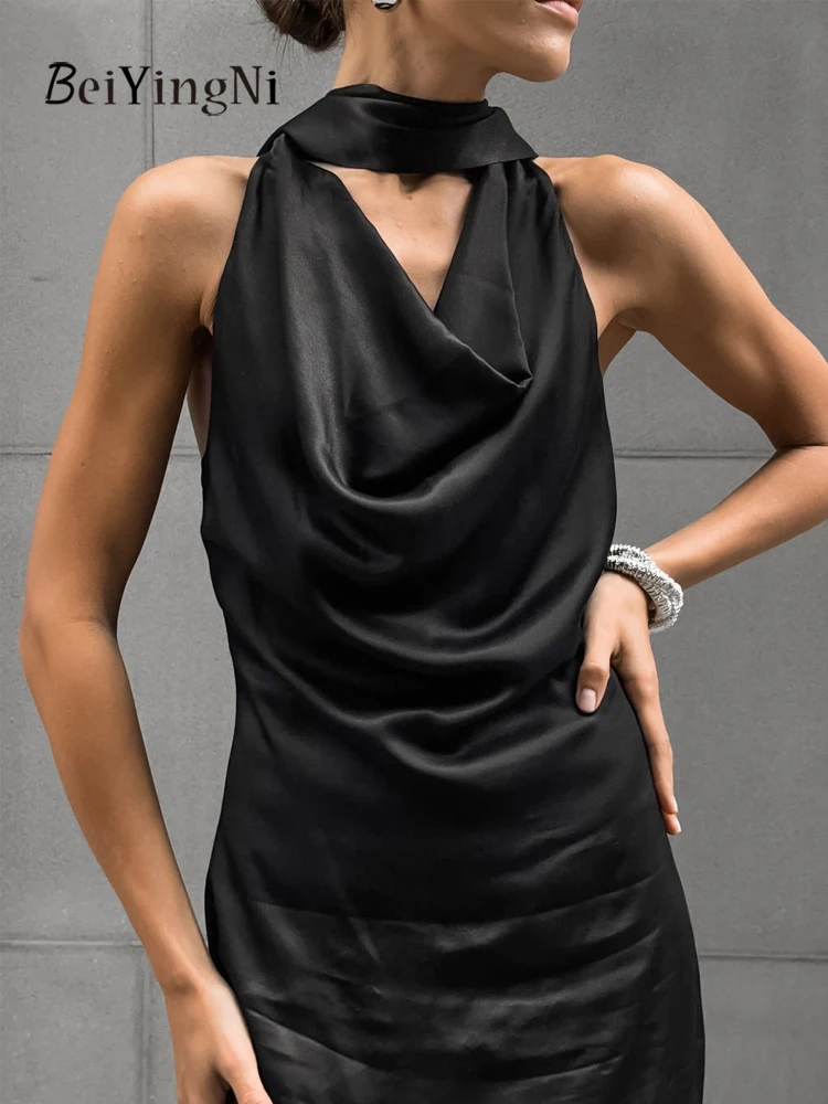 Beiyingni 2025 Elegant High-end Halter Long Dresses for Woman Black Plain Satin Slim Waist Pack Hip Dress Women Sleeveless Robes