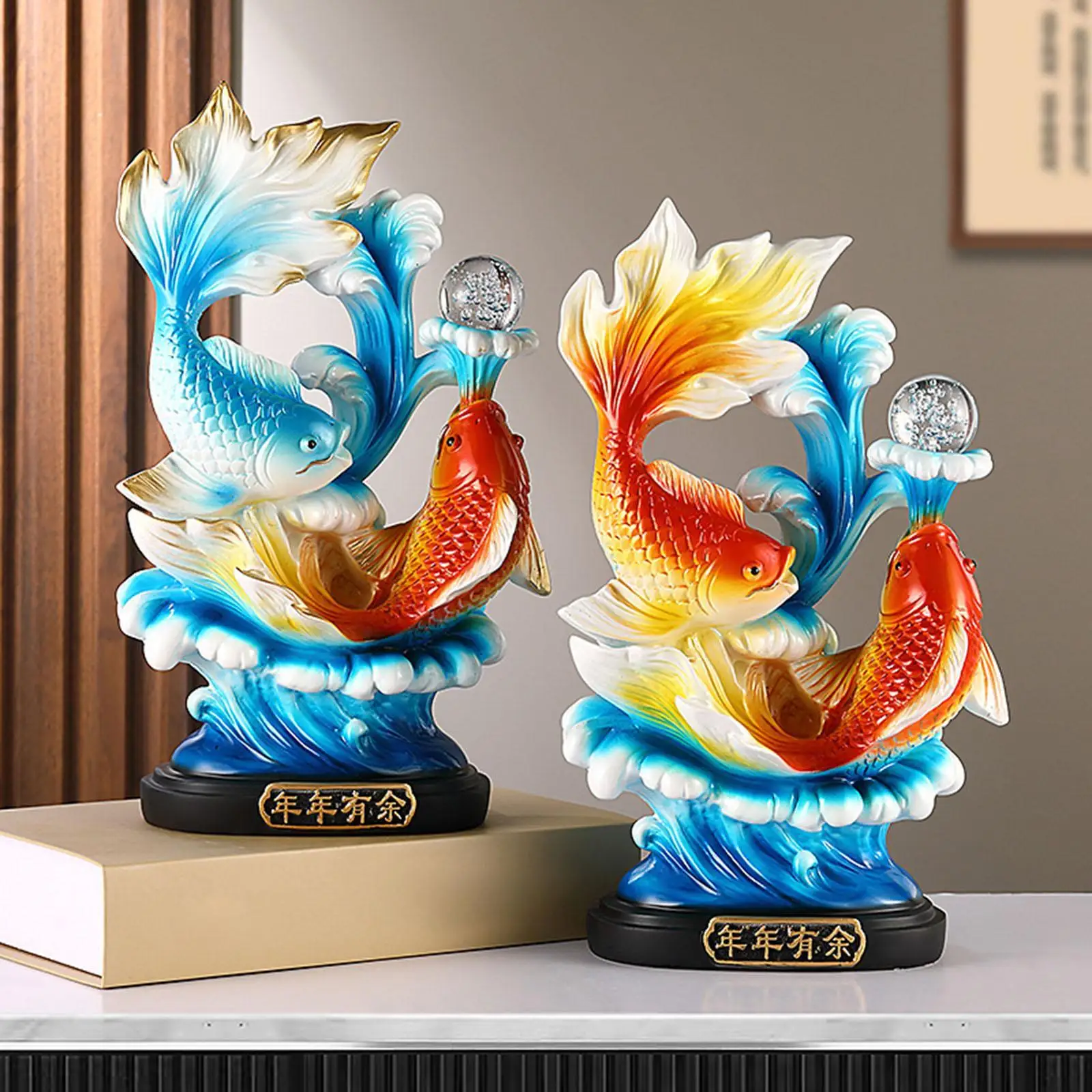 

12.8 inch Chinese Feng Shui Fishes Statue Artwork Housewarming Gift Centerpiece for Office Living Room Balcony Entrance Mantel