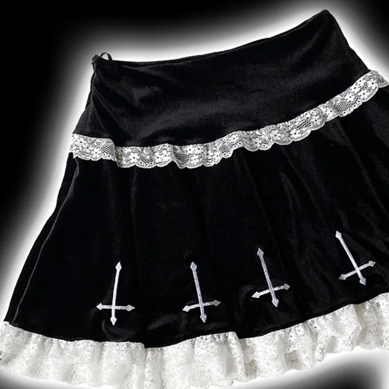 Japanese Mine Lace Cross Embroidery Black Mini Skirt Girl Sweet Cute Fashion Elegant A-line Skirt Women Summer Y2k Pleated Skirt