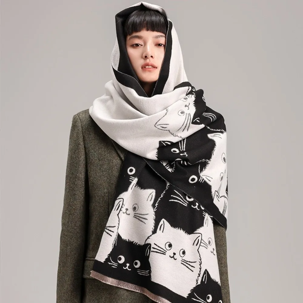 Fashion Large Size Cat Print Cashmere Scarf Elegant Double Sided Warm Blanket Scarf Soft Thick Winter Shawl Outdoor Use