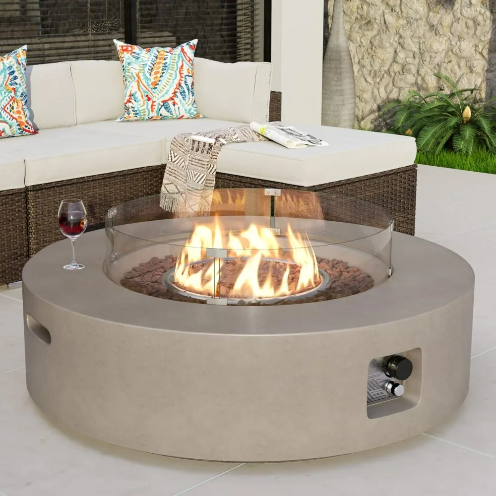 

Outdoor Propane Fire Pit Coffee Table, 40.5-inch Round Base Patio Heater, Stainless Steel Burner, Wind Guard, Waterproof Cover