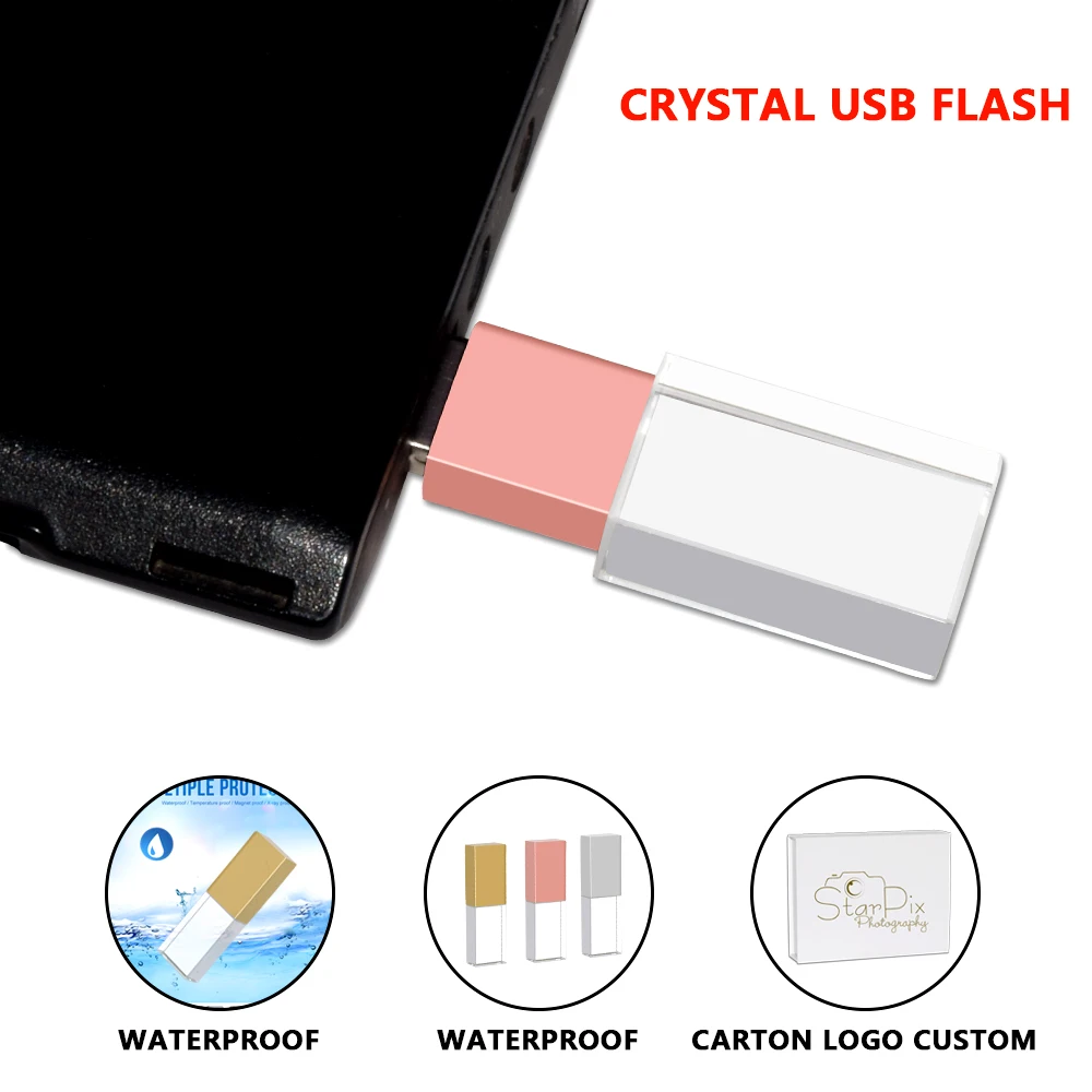 Unidad de memoria Usb de cristal dorado con caja, lápiz de memoria Flash Usb 2,0, logotipo personalizado, más de 10 piezas, logotipo gratis, disco U, nuevo, 10 piezas por lote