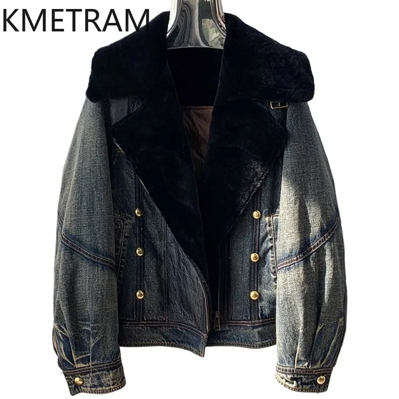 

KMETRAM пуховик из 100% натуральной овчины с воротником из темного джинсового меха, новинка 2025 года, стильная женская зимняя одежда, ropa mujer