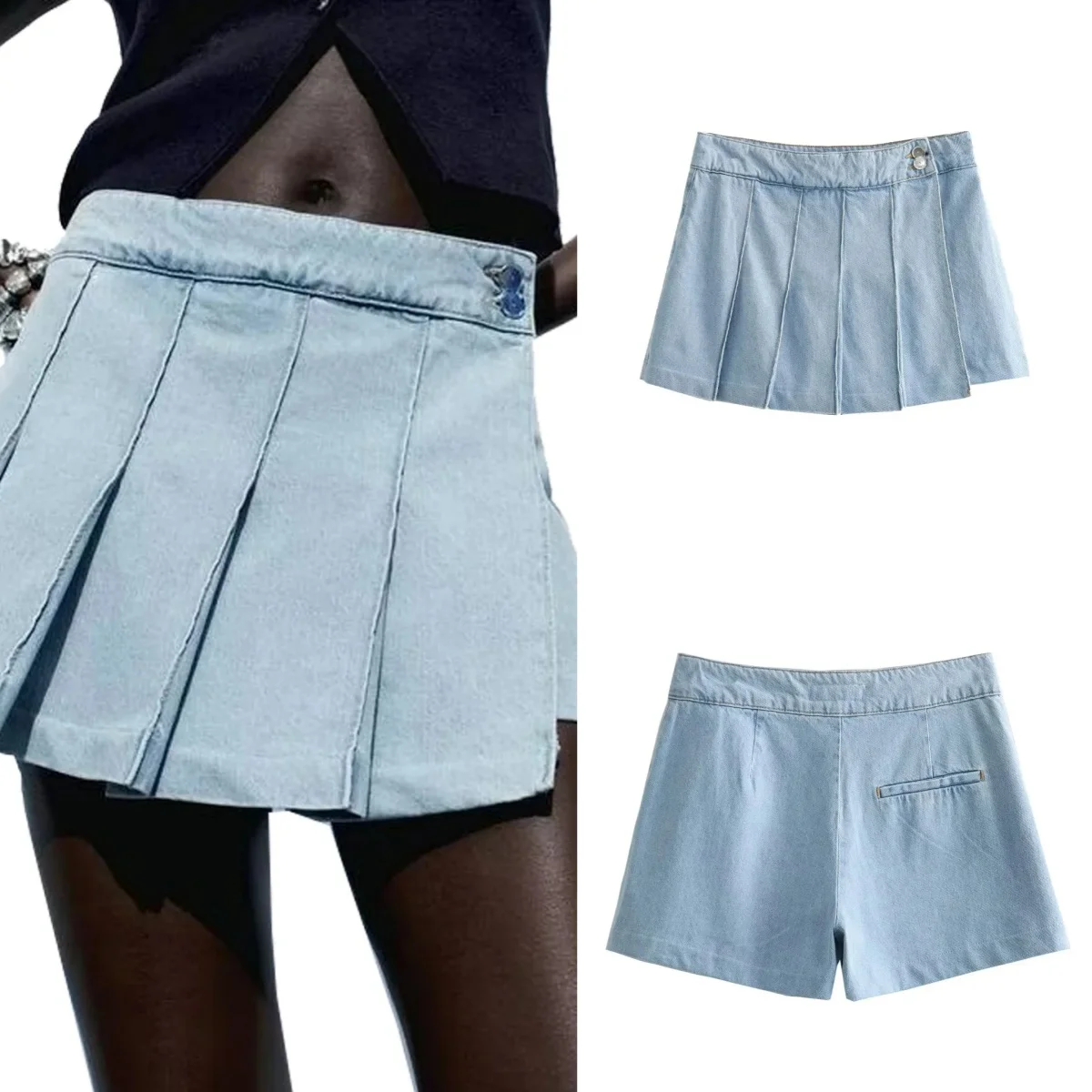 

Women Fashion Wide Pleated Denim Mini Skirt Vintage High Waist Side Zipper Female Skirts Mujer