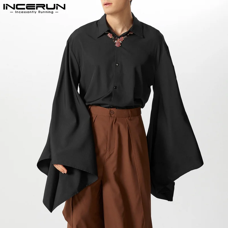 2026 Men Shirt Solid Color Lapel Flare Long Sleeve Button Vintage Casual Men Clothing Loose Streetwear Leisure Shirts INCERUN