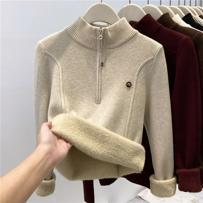 

Thickened Semi Open Collar Zipper Integrated Velvet High Neck Sweater for Women's Autumn and Winter New Knitted Sweater Top