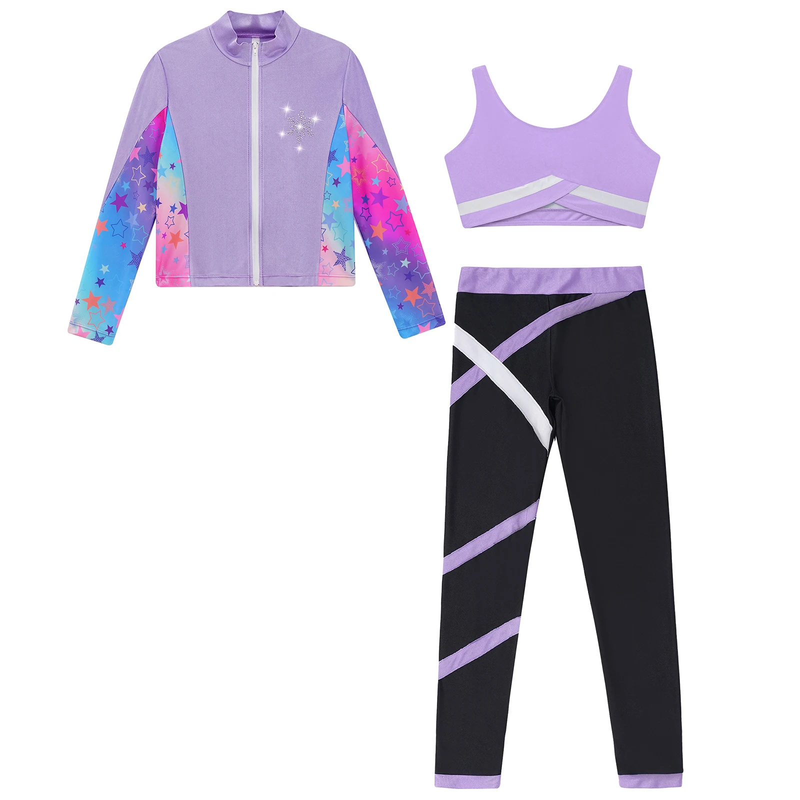 Kids Girls Lightweight Figure Skating Jacket and Pants Set 3 Pieces Tracksuit Athletic Gymnastics Ballet Dance Workout Outfit