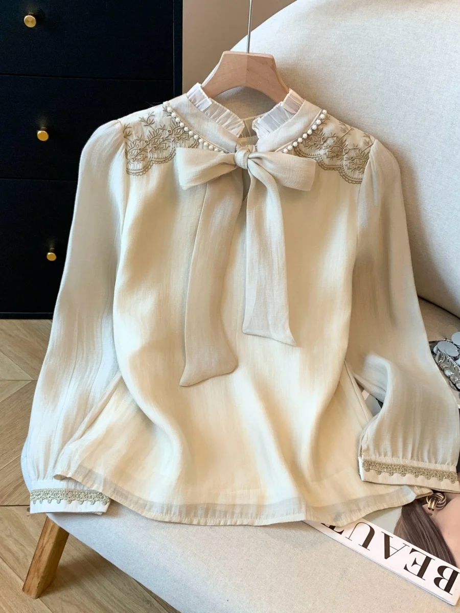 

Elegant French Style Knot Stand Collar Chiffon Top Women's Spring Fashion High Quality Beautiful Small Shirt Trendy