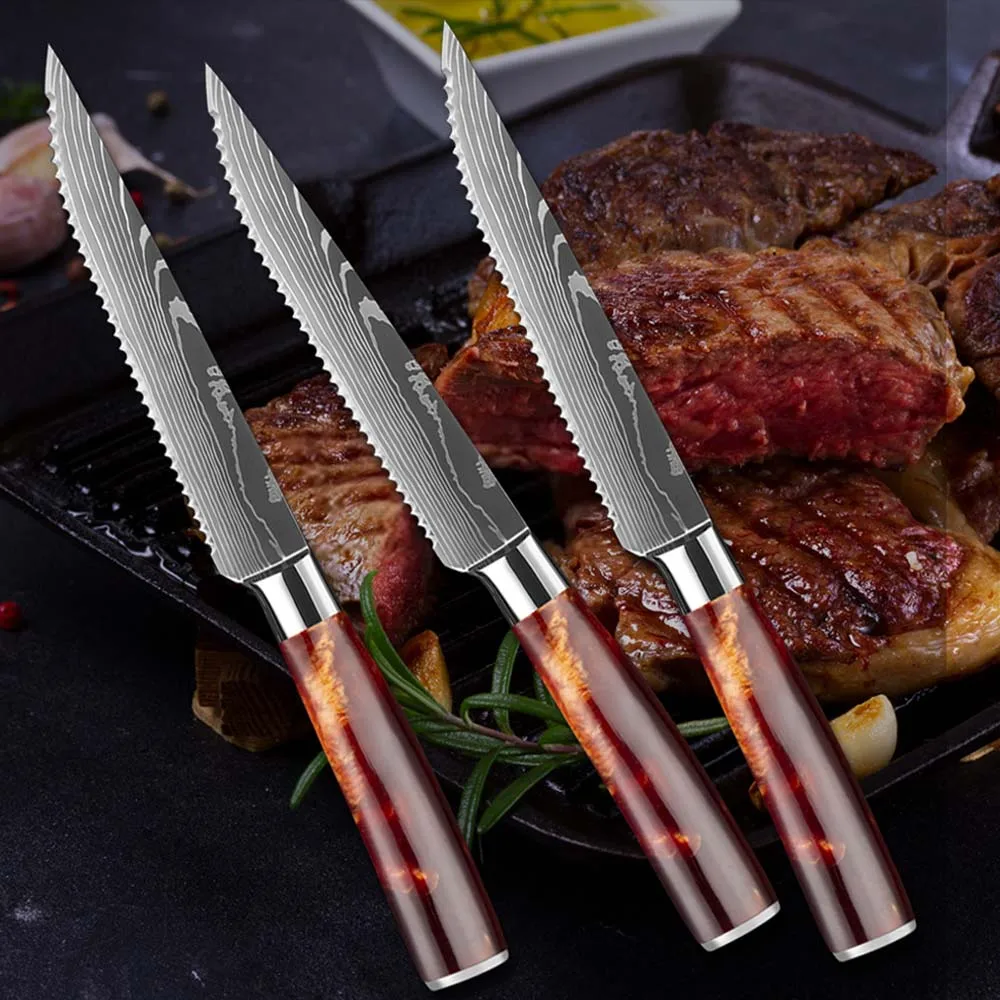 

Damascus Stainless Steel Steak Knife Meat Cleaver Slicing Knife Dining Kitchen Knife Sharp Blade Picnic Meat Knives