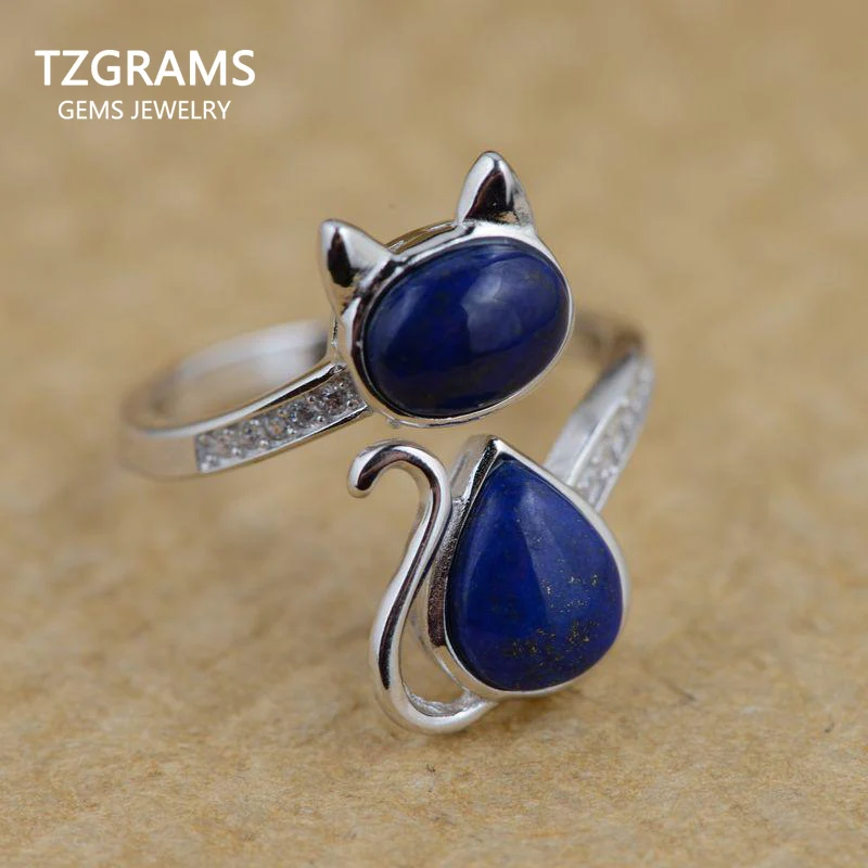 Real 925 Sterling Silver Lapis Lazuli Natural Stone Ring Lovely Cat Rings For Women Exquisite Fine Jewelry