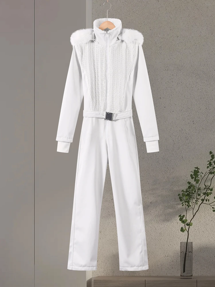 

Женский лыжный комбинезон с меховым воротником и капюшоном на молнии на поясе, женская модная куртка на молнии, лыжный комплект, 2026, осенне-зимний женский топ