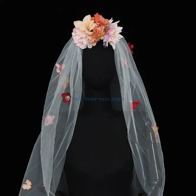 X7XB Delicate Bride Sheer Layer Veil Headpieces with Realistic Flower Wedding Party Bride Veil Festival Photography Veil