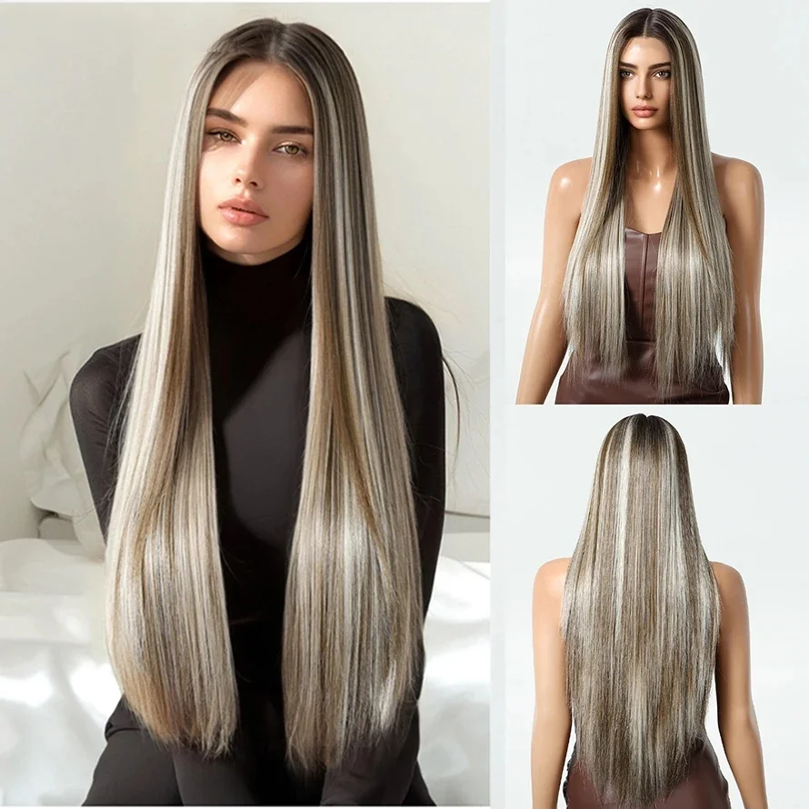 pelucas-sinteticas-con-frente-de-encaje-topshe-13-6-para-mujer-largas-y-lisas-color-marron-con-reflejos-platino-parte-libre-aspecto-natural