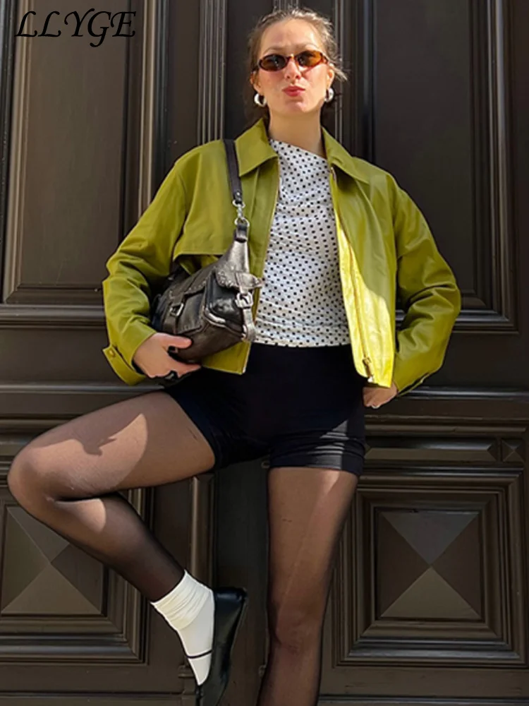 Street ผู้หญิงสีเขียวแจ็คเก็ตหนังหลวมซิปแขนยาวหญิงเสื้อ 2025 ฤดูใบไม้ผลิ Lady Chic Streetwears ใหม่