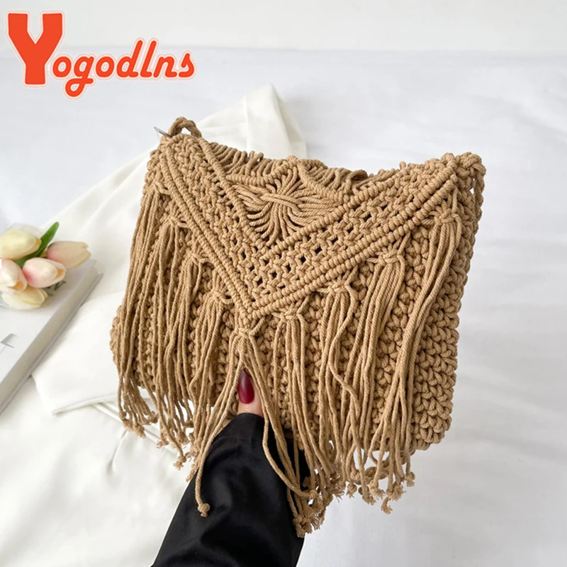 SummerTassel Straw Bag Women Handmade Woven Shoulder Bag Summer Kintted Beach Bag Vacation Lady Shoulder Bag Phone Bag