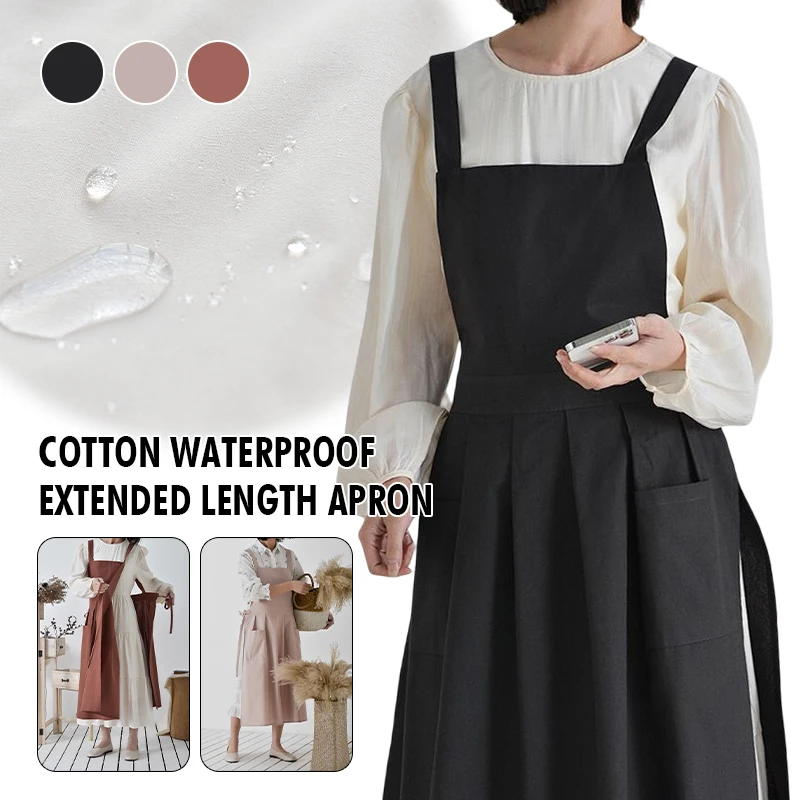 Japanese Cotton Linen Cross Back Work Apron for Women with Pockets Pinafore Dress Plus Size Restaurant Kitchen Apron