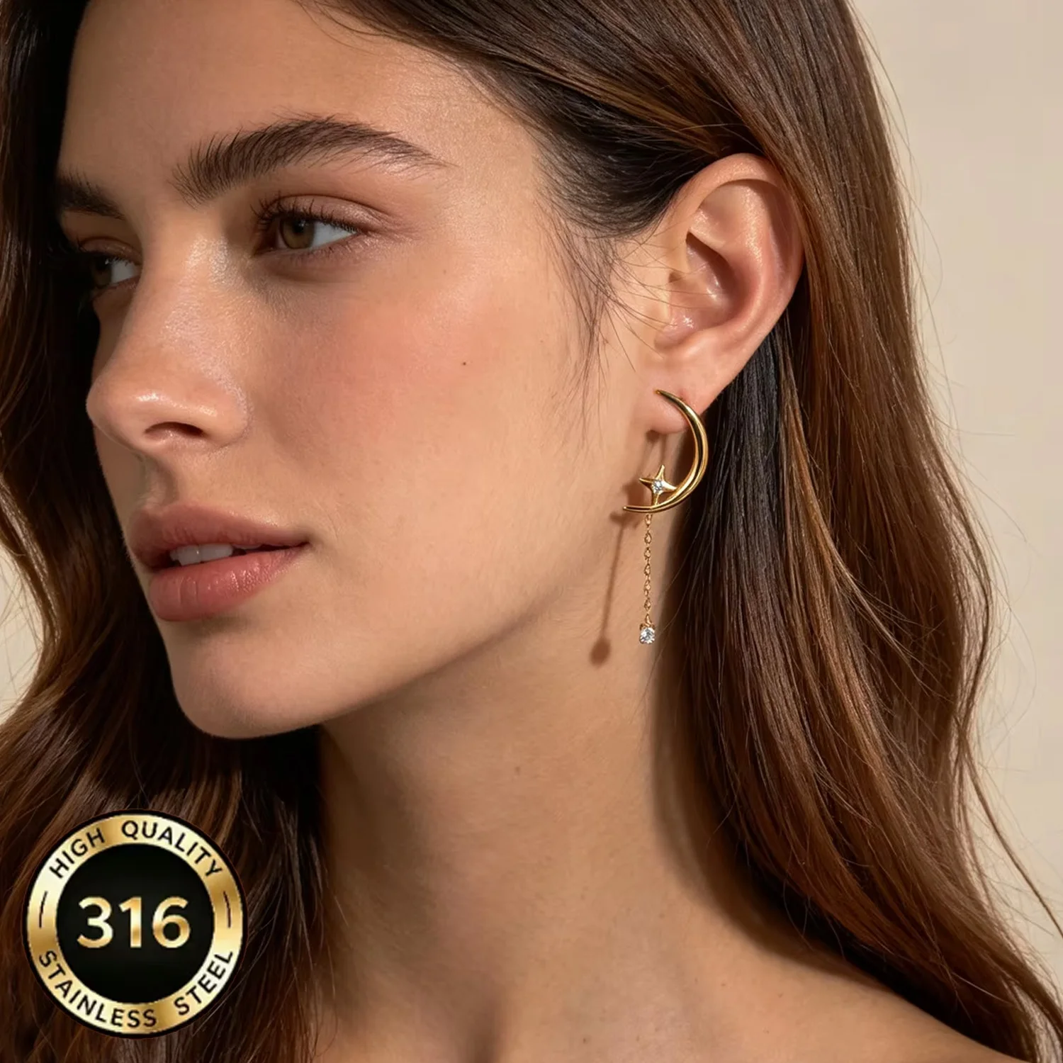Damen-Ohrringe mit Mond- und Achtzackigen Sternen, Quasten und Diamanten, Elegante Lange Ohrstecker aus Edelstahl, Alltägliches Schmuck-Accessoire
