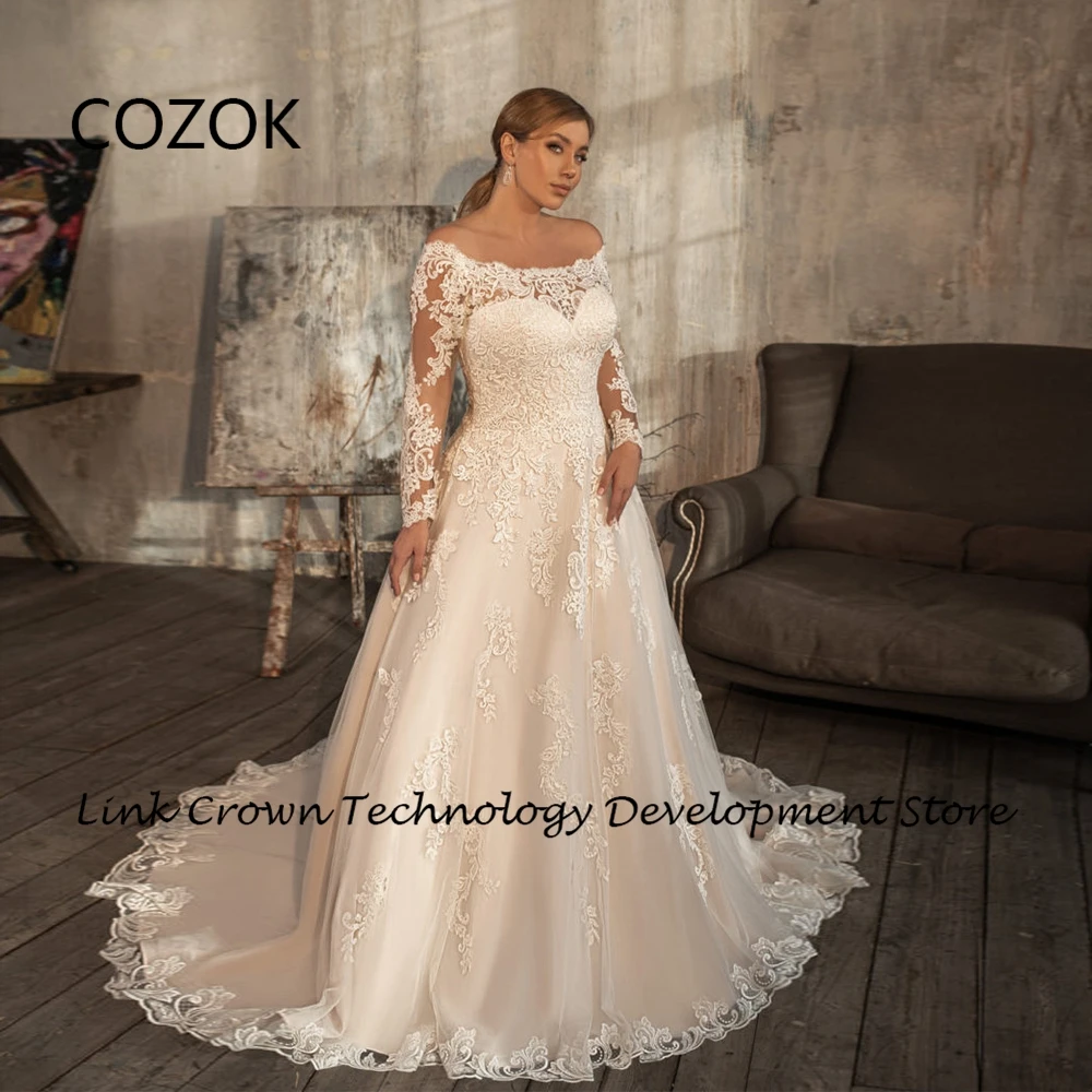 COZOK Luxury Plus Size Wedding Dresses for Women 2024 Court Train Full Sleeve Bridal Gowns with Lace New Vestidos De Novia