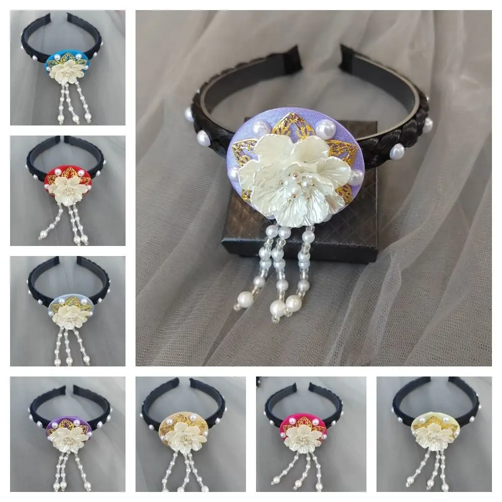 Sweet Flower Korean Headband Pearl Beaded Hanbok Hairband Ethnic Style Headdress Stage Dance Hair Hoop Ladies