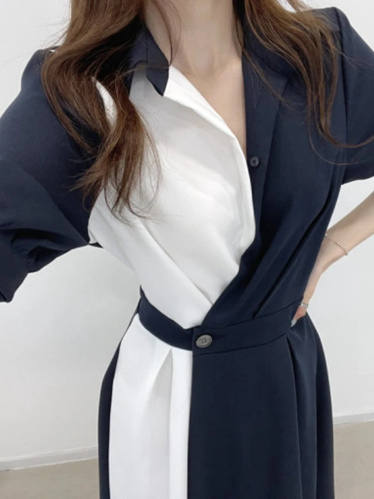 Summer Women Shirts Dress Elegant Office Ladies Patchwork Short Sleeve Vestidos Vintage Korean A-Line Midi Dresses for Women