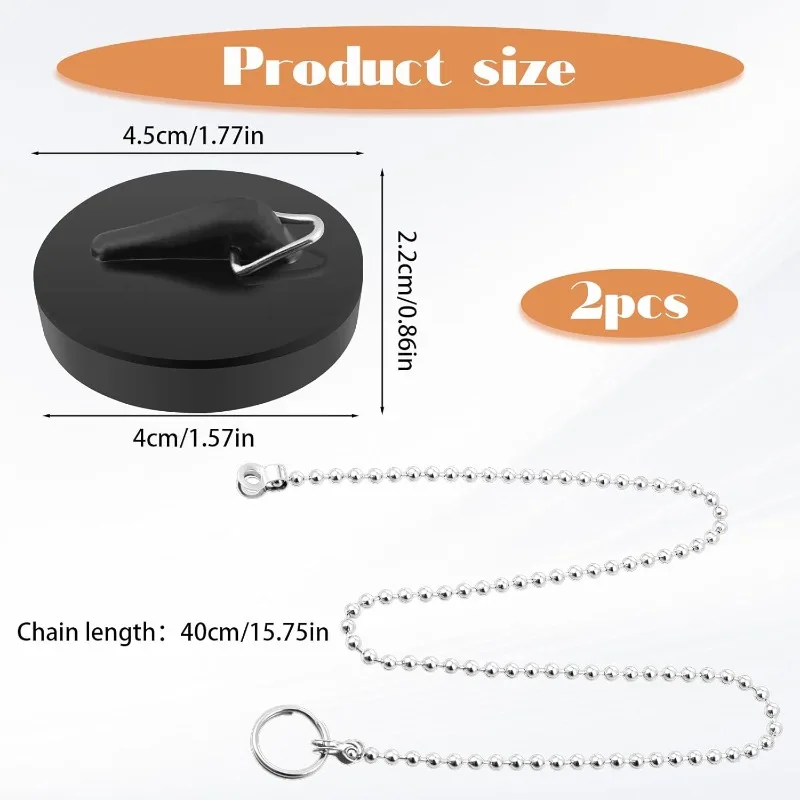 2pc Universal Rubber Drain Stopper with Round Beaded Chain Sink Plug Bath Sink Drain Stopper Plug for Kitchen and Bathroom Fit