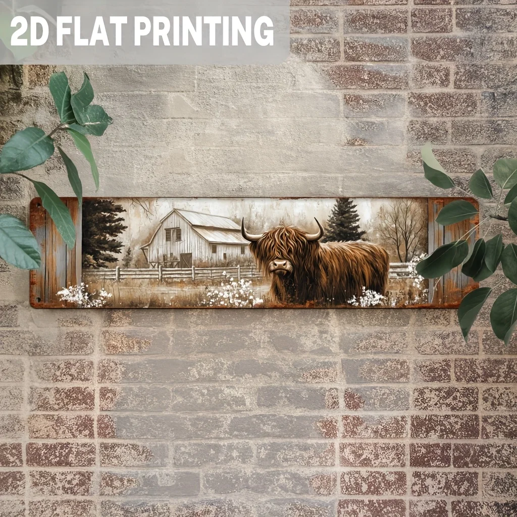 2D Flat Highland Cow and Barn Metal Wall Art - Rustic Farmhouse Decor, Vintage Style Art, Suitable for Living Room, Bedroom