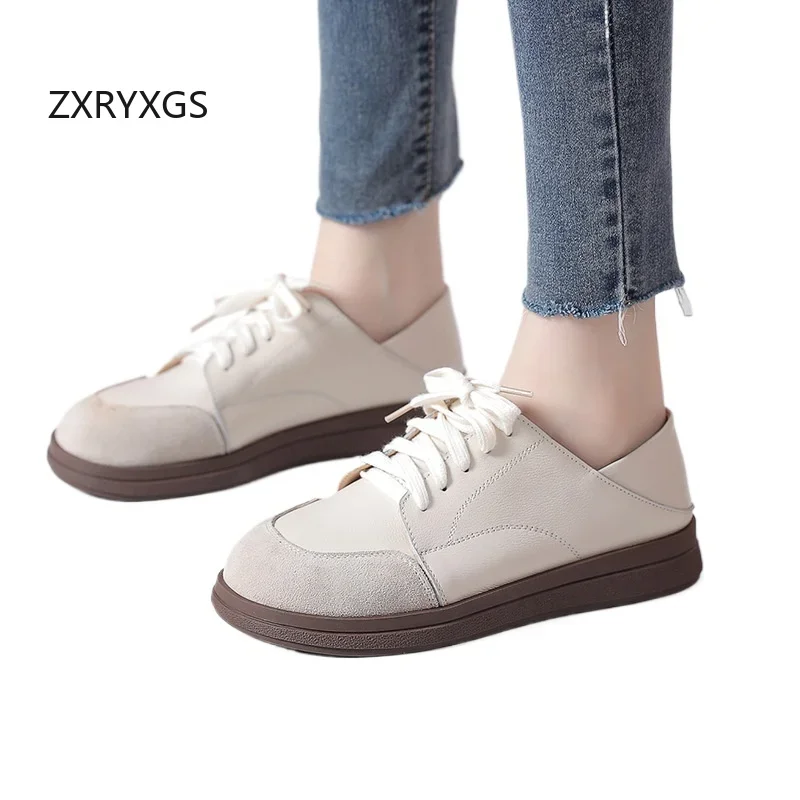 ZXRYXGS Top Rindsleder Zauber Farbe Spleißen Frauen Echt Leder Schuhe Flache Schuhe 2024 Herbst Lace-up Frauen Schuhe Casual Sneaker flut