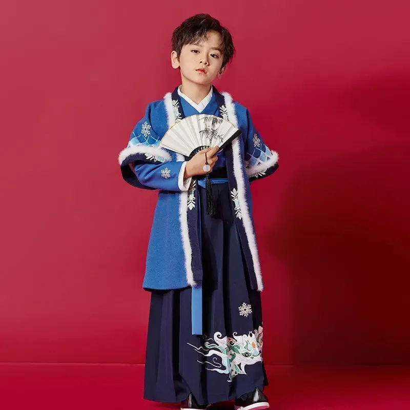 

Ming Dynasty Blue Fur Collar Printed Children Hanfu Suit with Cloak 2023 Winter Chinese Ancient Boy Cospaly Swordsman Costumes