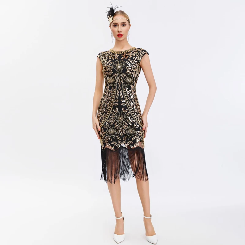 

Women 1920s Vintage Flapper Dress Big Round Neck Slip Roaring 20s Great Gatsby Beaded Vintage Annual Meeting for Cocktail Party
