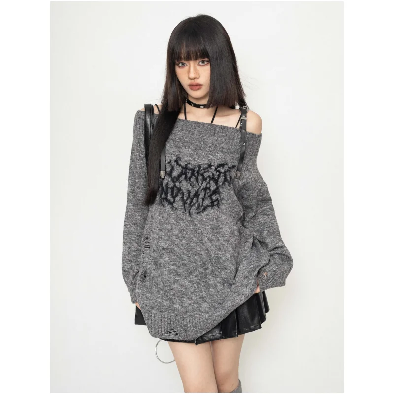 Women's Clothing Black Knitting Sweater Off Shoulder Long Sleeves Vintage Casual Korean Fashion Baggy Ladies Spring Grey Tops