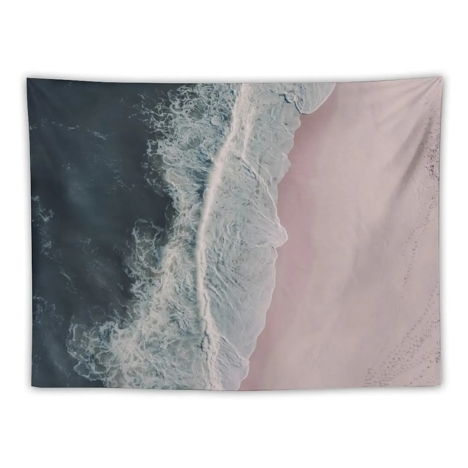 Aerial Ocean Beach Print, Pink Sand, Crashing Waves, Dark Blue Sea, Travel Photography Tapestry