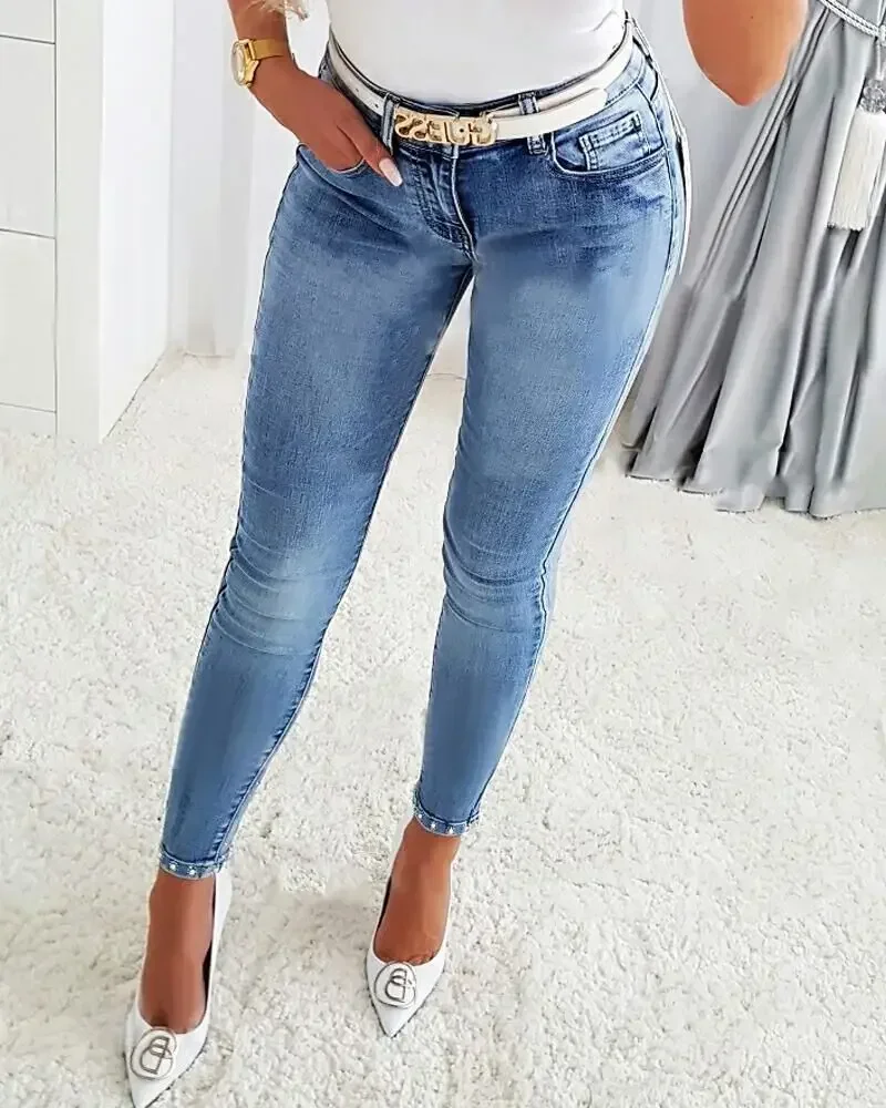 Women Jeans denim pants Washing diamond Slim Fit Sheath Diamonds Pockets High Street Zipper Fly Spring Flat Slight Strech
