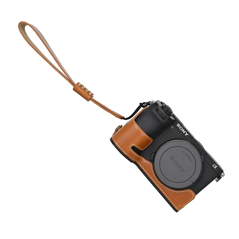 New Arrival PU Leather Bag Body Half Case for SONY A6700 Protective Sleeve Box Base with Hand Strap