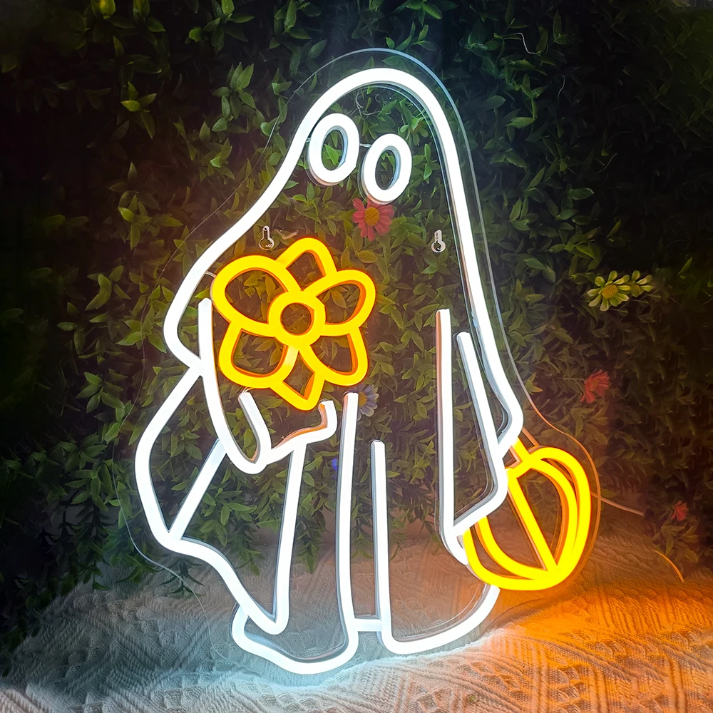 Ghost Neon Sign Boo Led Light Up Sign Halloween Decoration For Home Living Room Dimmable Sign For Halloween Party Bar Club Logo