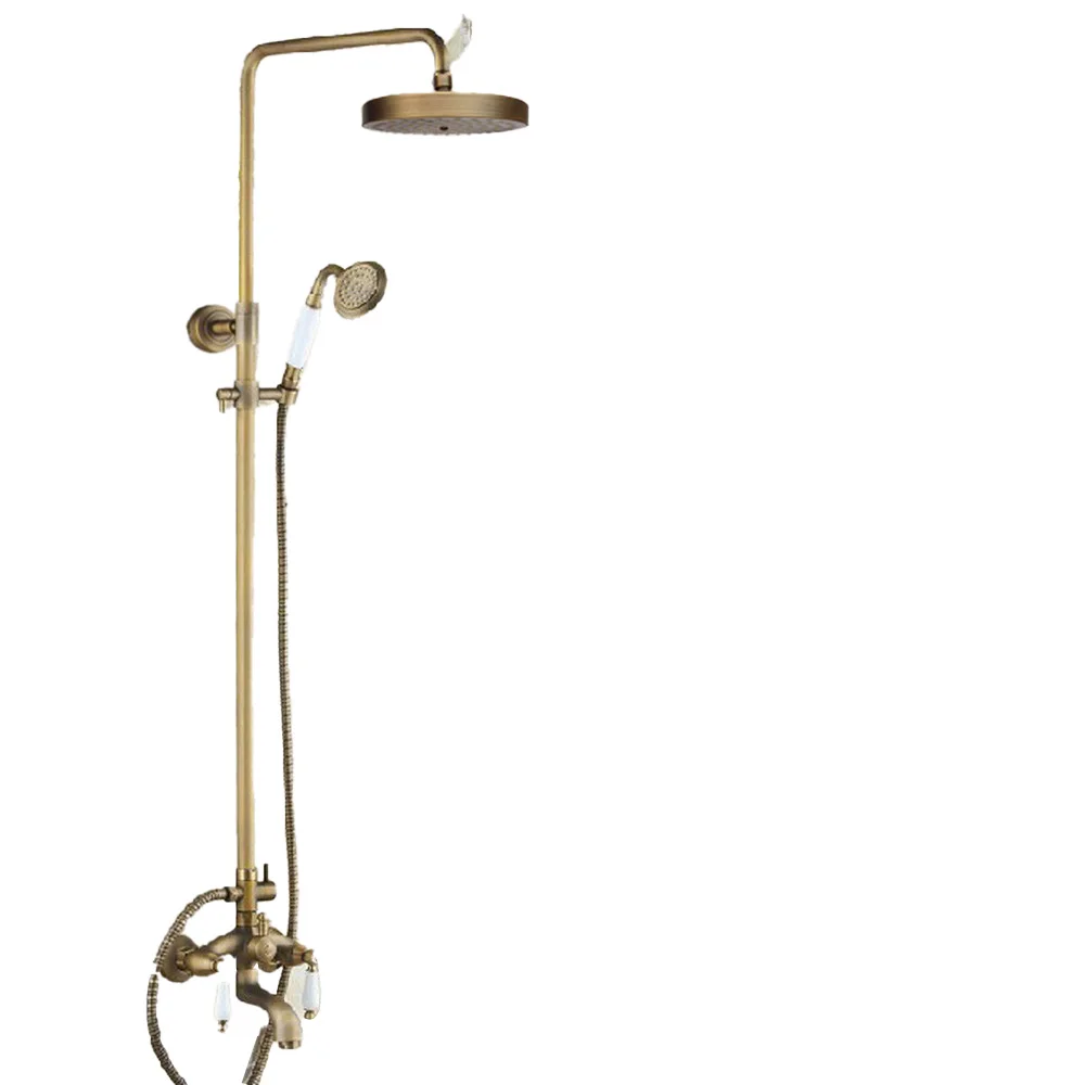 

Wall Mounted Antique Brass Rain Shower Faucet Set with Hand Spray Shower / Bathroom Dual Handles Bathtub Mixer Taps Wrs165