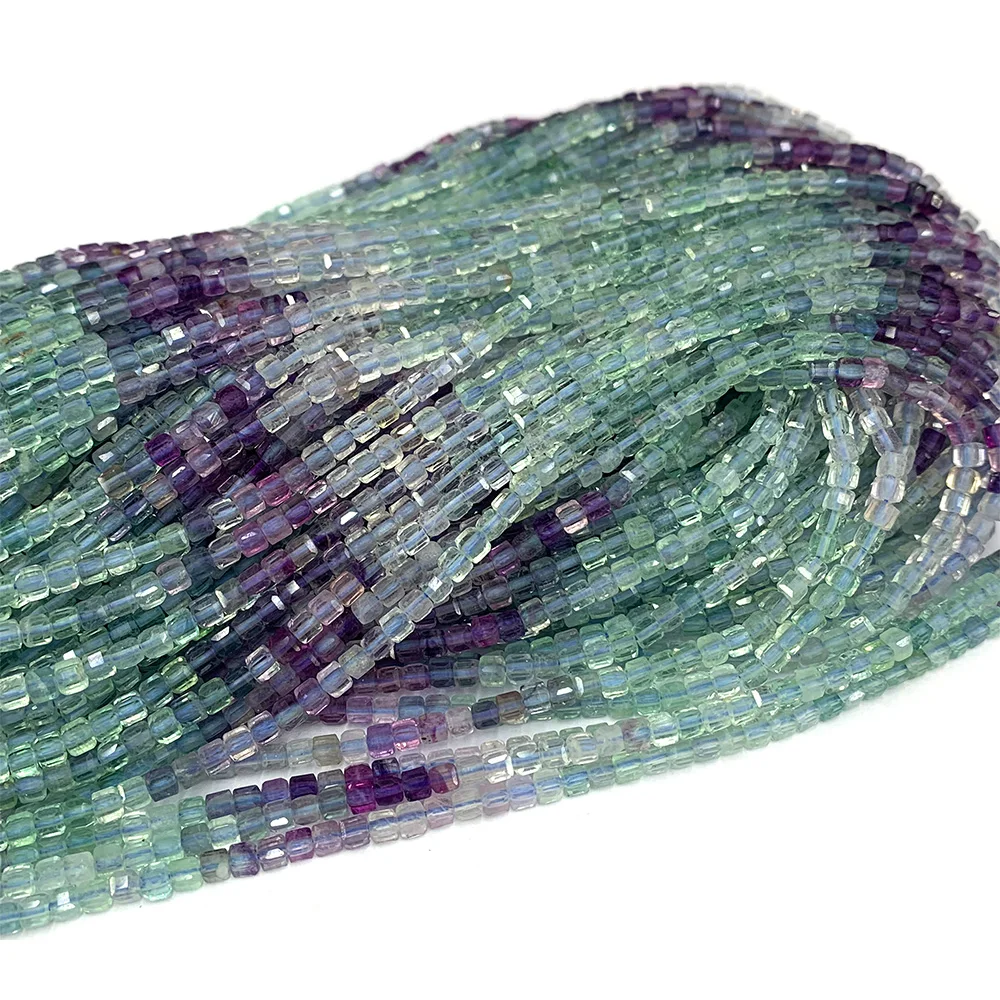 Veemake Natural Green Blue Purple Fluorite Edge Cube Faceted Small Beads For Jewelry Making 08586