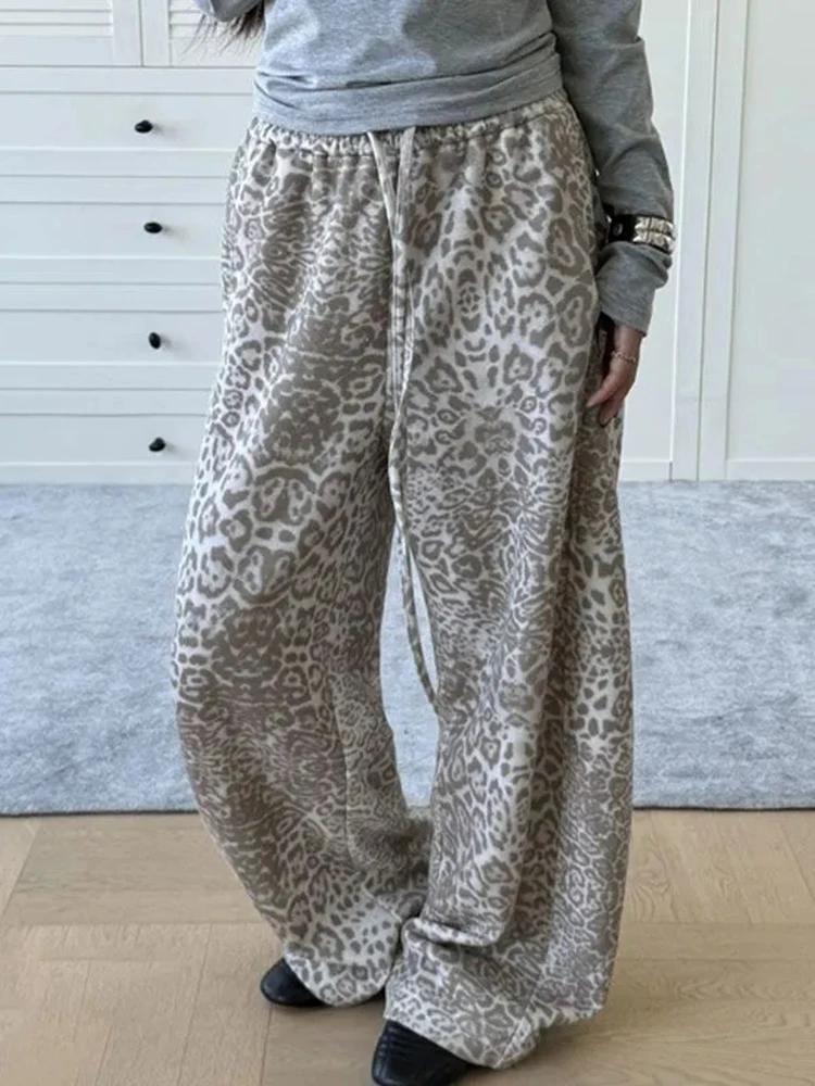 Jmprs Y2K American Leopard Pant Women Hip Hop High Waist Streetwear Retro Trousers Harajuku Fall Winter Casual Bf Lace Up Pants