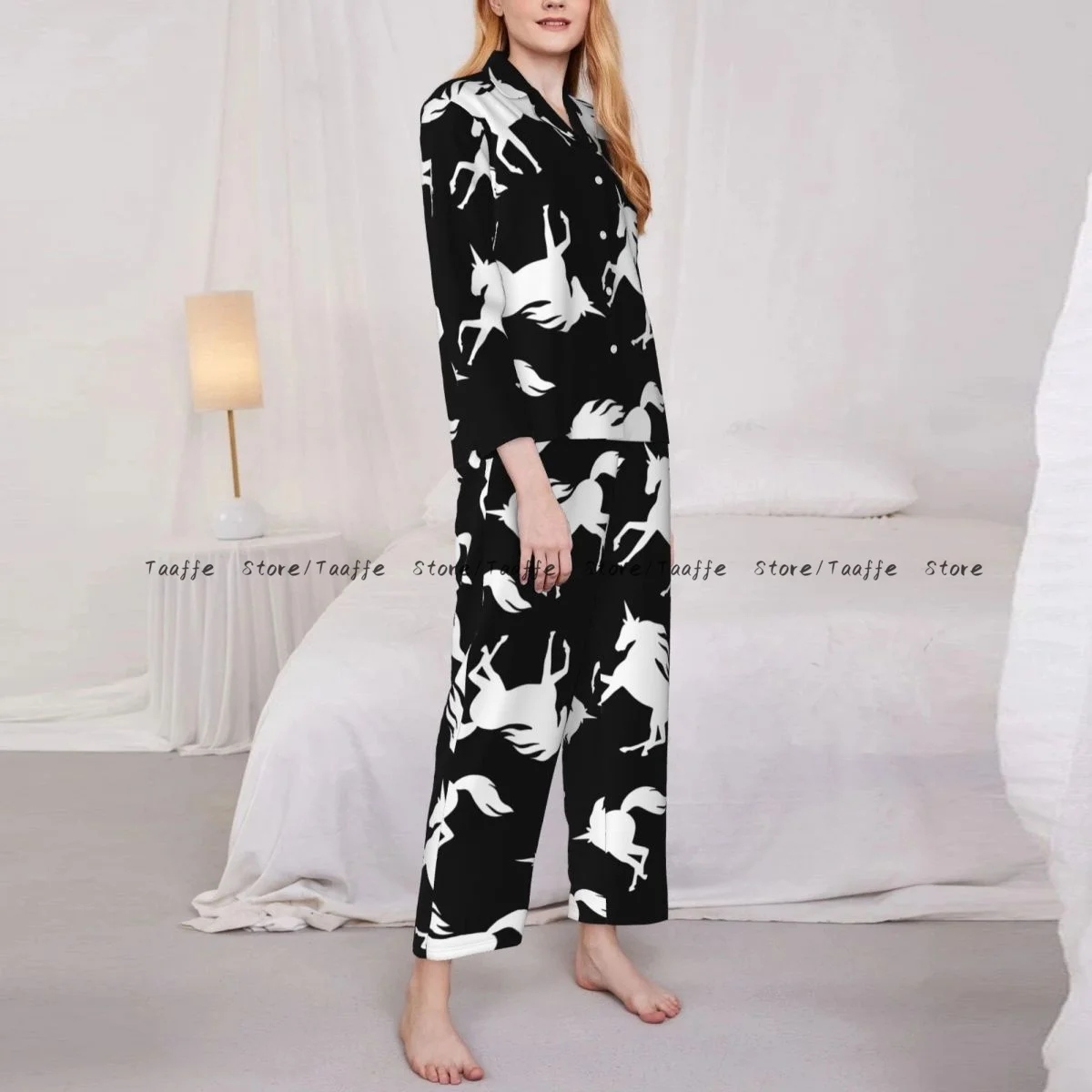 Spring and Autumn Pajama Set Women's Long Sleeve Pants Two Piece Jumping Unicorn Mythical Horse Home Furnishing Set