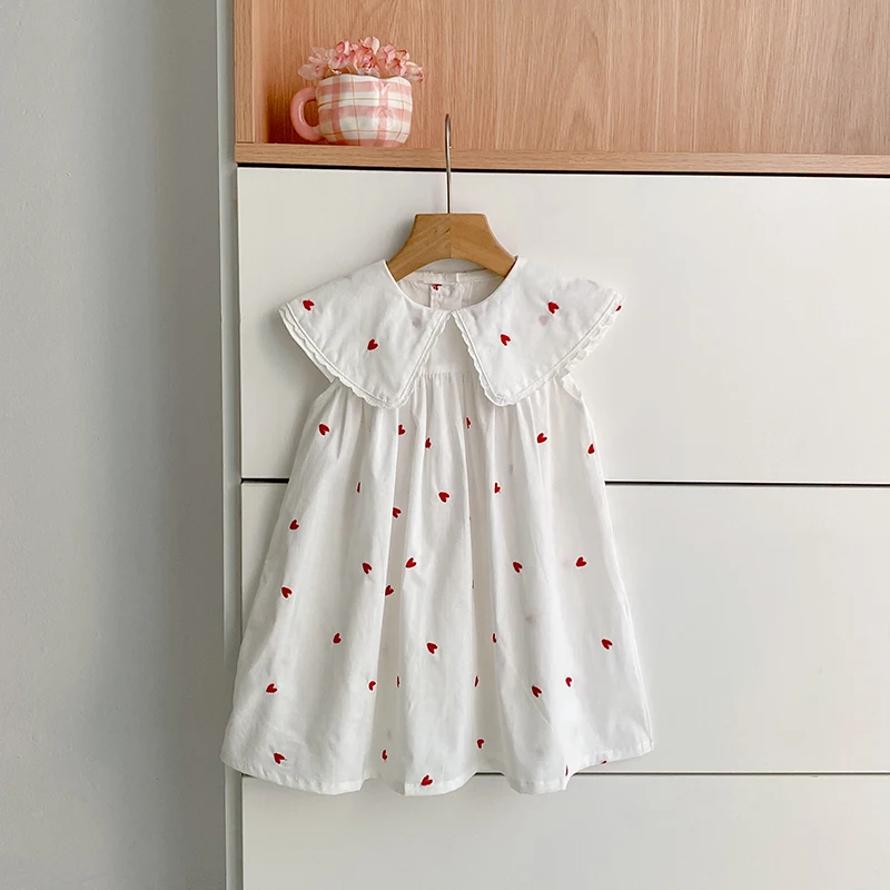 2026 Summer New 2-6Yrs Sleeveless Baby Girl White Dress Children Princess Birthday Dress Heart Print Western Style Dress