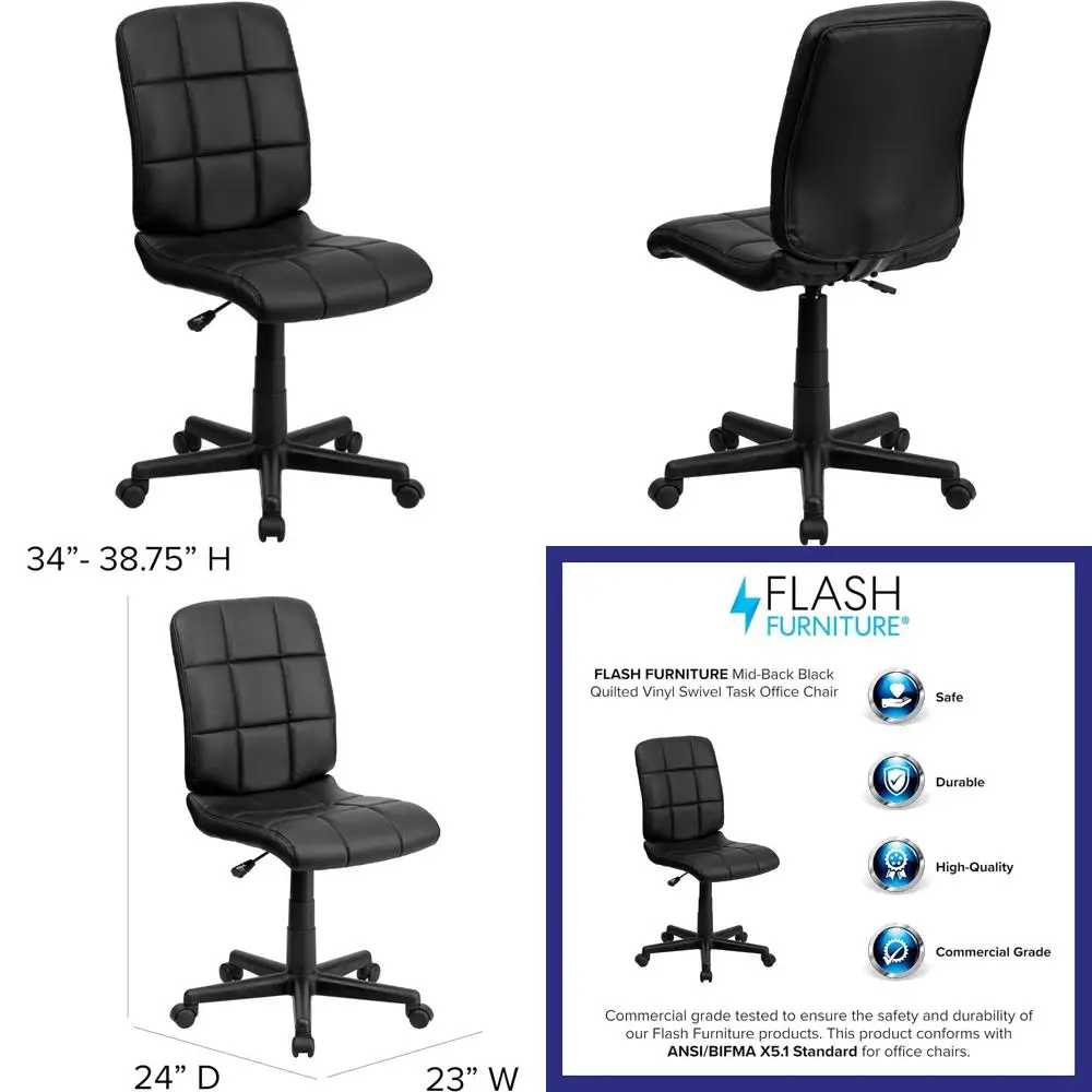 

Mid-Back Tufted Vinyl Swivel Desk Chair with Padded Seat, Modern Adjustable Height Office Chair